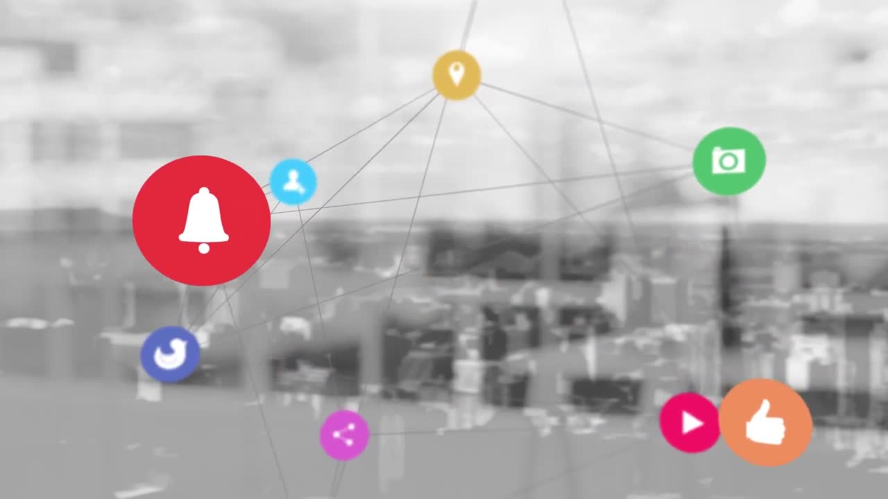 디지털 아이콘 네트워크의 디지털 구성은 배경의 도시 풍경을 배경으로합니다.