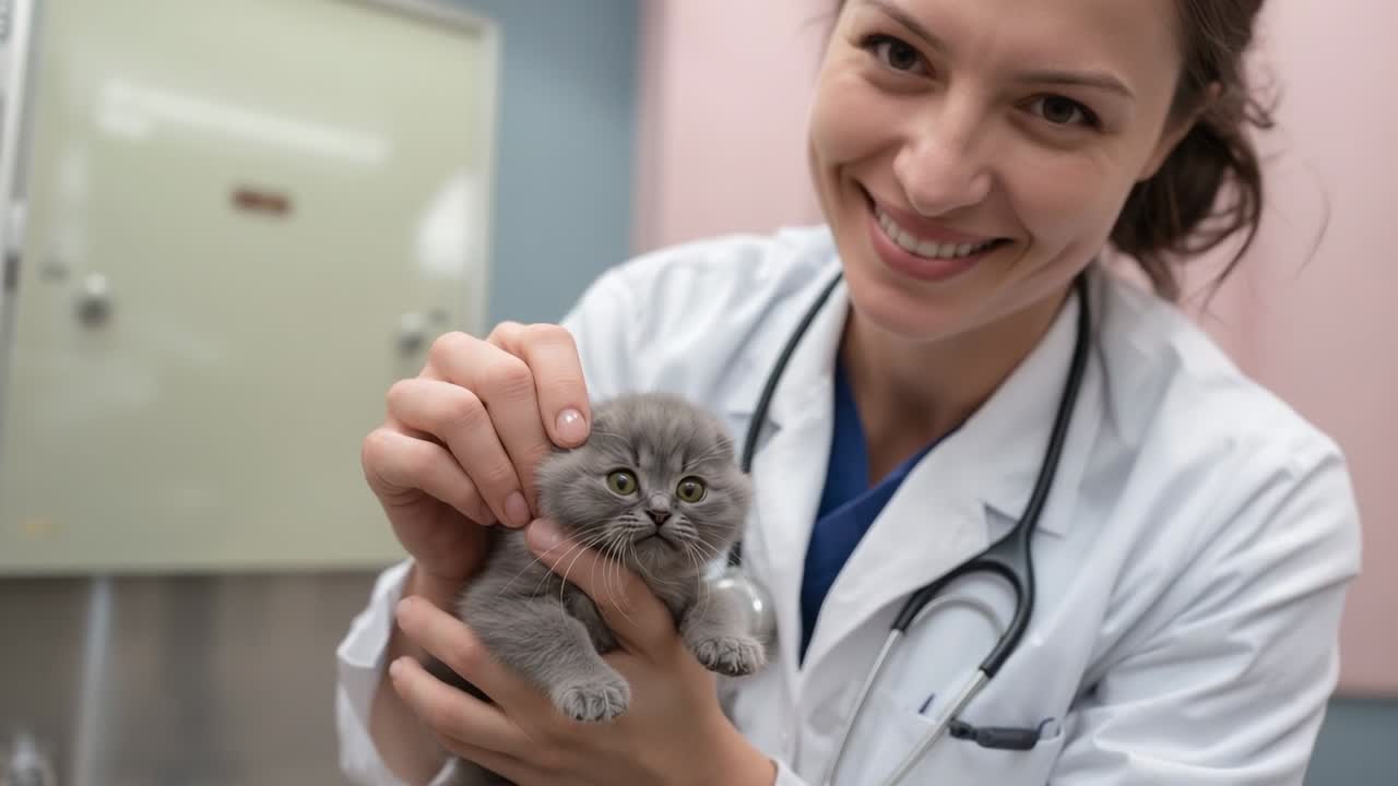 Lifting kitten from stainless steel table, veterinarian inspecting ear cradling kitten for comfort