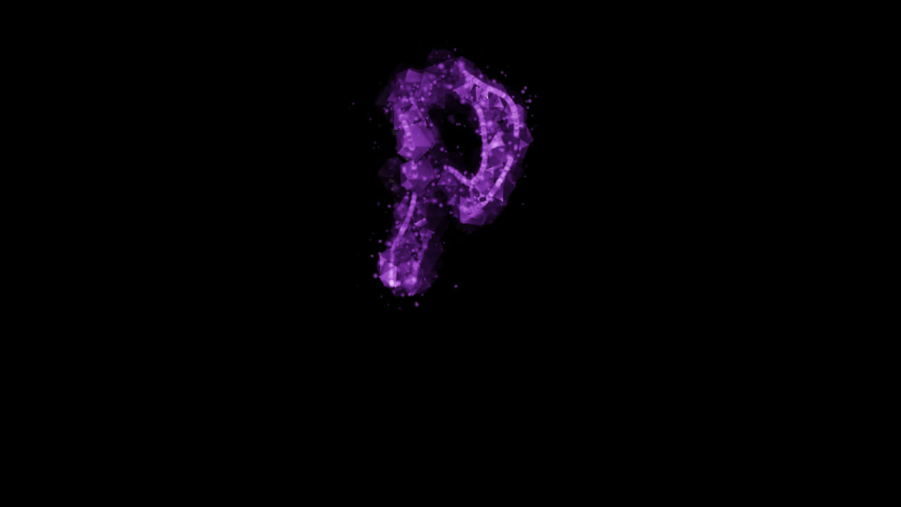 Particella viola luminosa con lettera P su sfondo trasparente