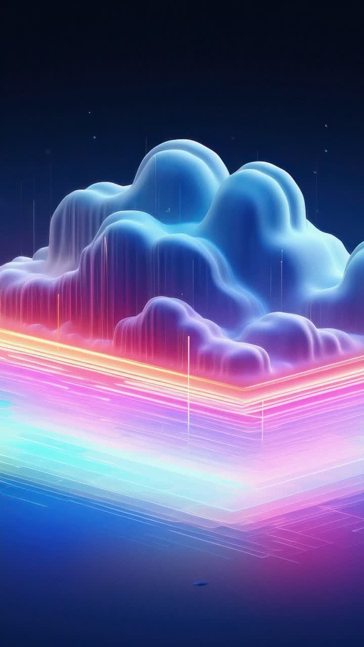 Futuristic digital cloud with neon rain over a grid