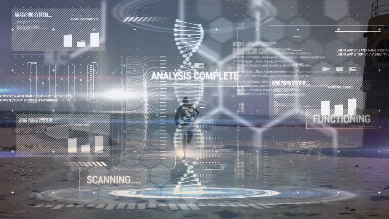 Animation of dna strand spinning and data processing over african american man running