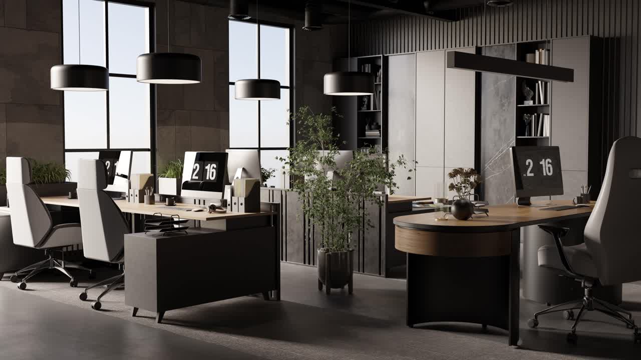 3D render of empty modern office with computers and furniture