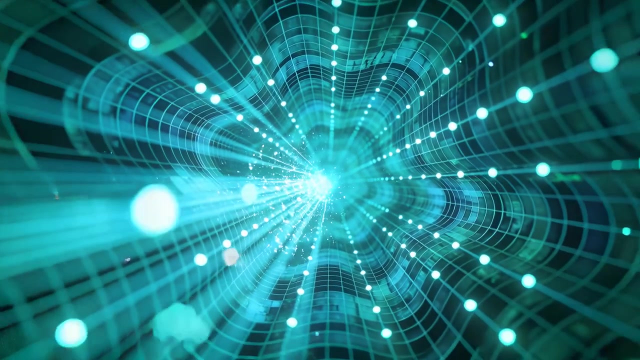 Animation starting glowing tubular lattice moving along teal tunnel axis, showing data flow to core