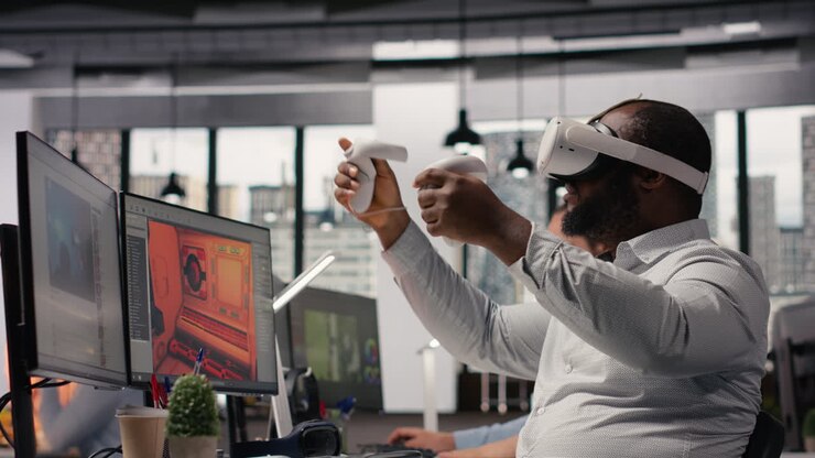 Engineer uses VR glasses to design futuristic video game lobby