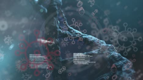 covid-19 cells and data processing over dna structure spinning against blue background