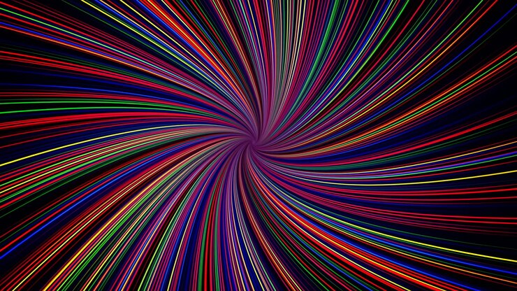 Colorful Neon Spiral Vortex Bursting With Swirling Light Streaks On Black Background, Dynamic Motion Ideal
