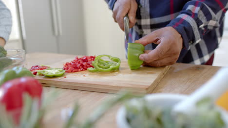 Sección-Media-De-Una-Pareja-Diversa-De-Ancianos-Cocinando,-Cortando-Verduras-En-La-Cocina,-Cámara-Lenta