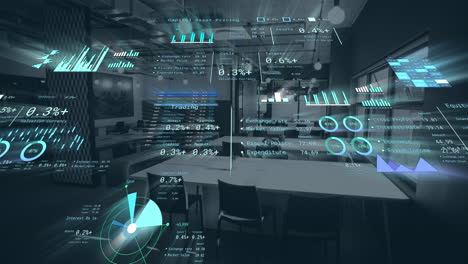 animation of financial data processing over business office