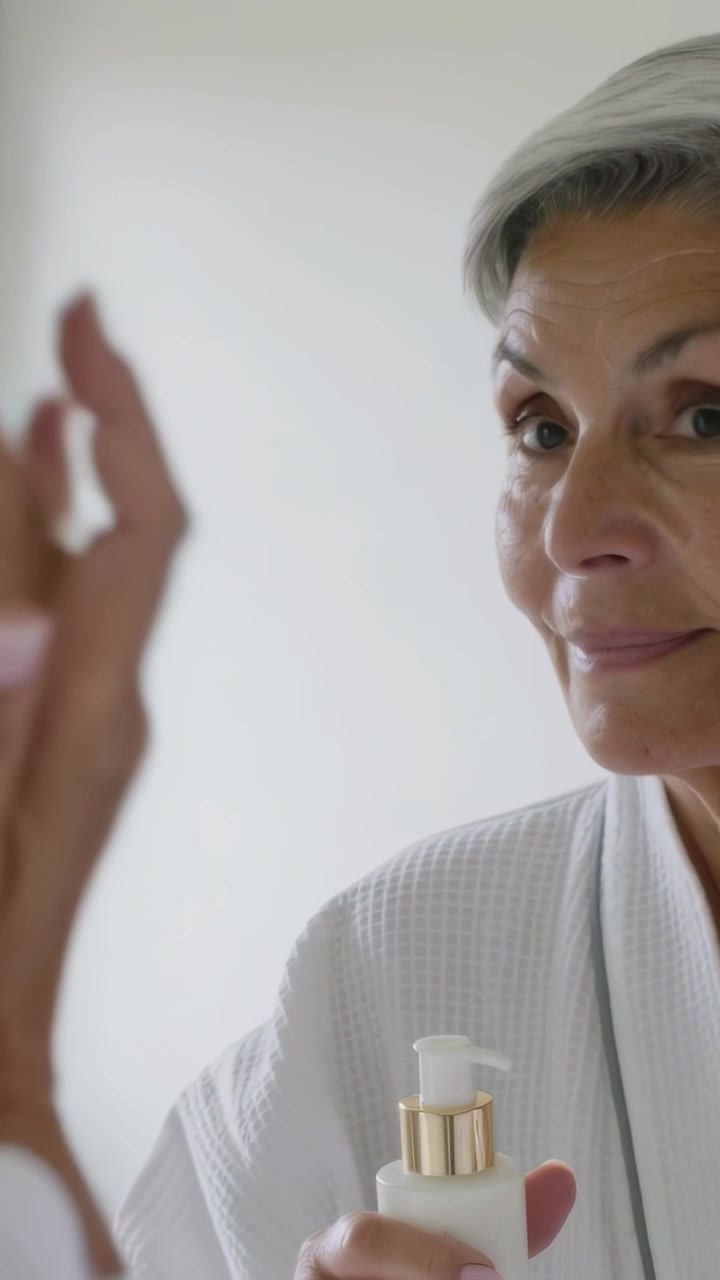 Video verticale: Donna in vestaglia che tiene una pompetta, applicando crema contorno occhi allo specchio con unghie rosa, spazio per il testo.