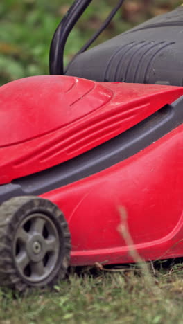 lawn mower on green grass. close up view of man mowing the grass