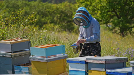 apiarist near hives in nature. beekeeper in modern protective hat looking after bees in beehive. apiculture process.
