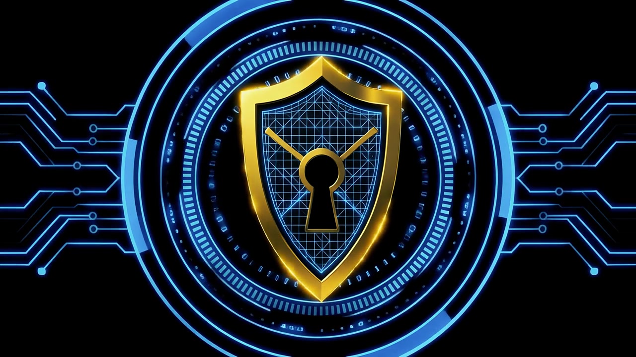 Golden Shield with Keyhole and Digital Circuit Board for Cyber Security