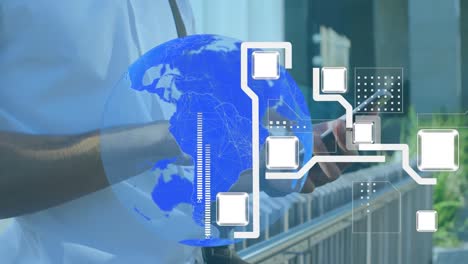 Animación-Del-Procesamiento-De-Datos-Sobre-Un-Hombre-De-Negocios-Caucásico-Usando-Un-Teléfono-Inteligente