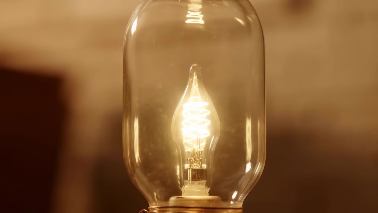 Primo piano di lampadina decorativa all'interno di un alloggiamento in vetro trasparente con filamento vintage, bagliore ambrato caldo, riflessi morbidi, profondità di campo ridotta, composizione centrata, atmosfera elegante e minimale e un ambiente interno calmo
