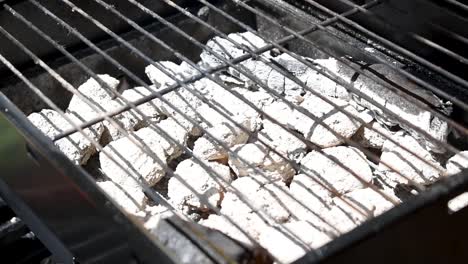 hot charcoal briquettes with empty grill above in sunlight outdoors