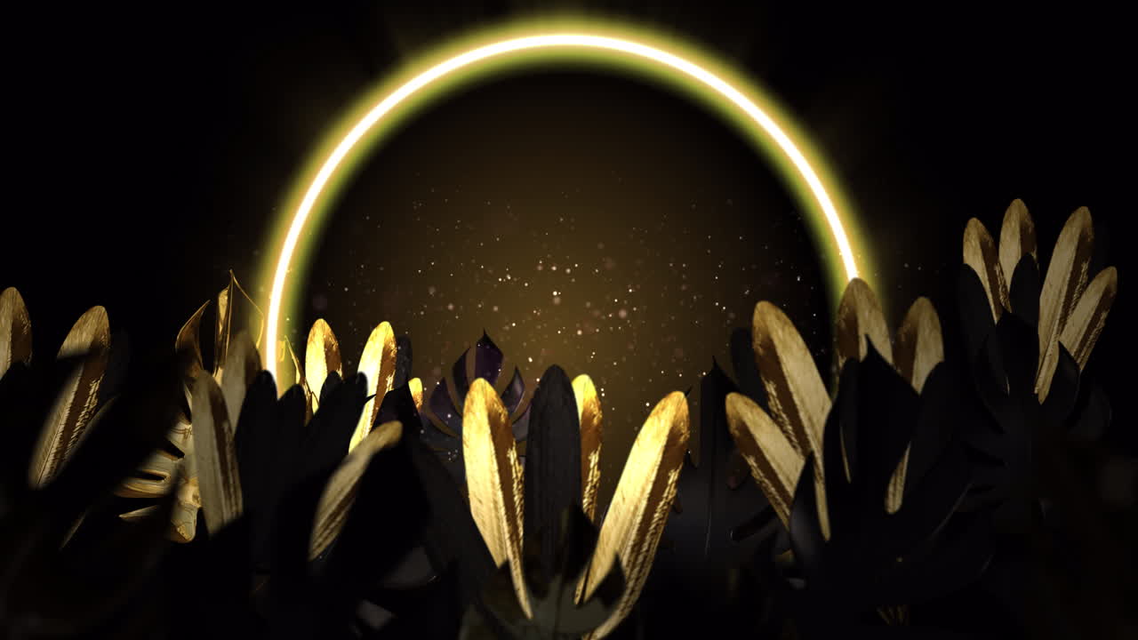 갈색 바탕에 노란색 네온 원을 가진 금색 열대 잎의 애니메이션