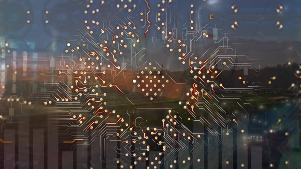 Animation of processor socket over cityscape
