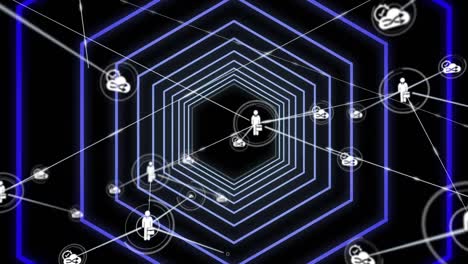 Network-of-digital-icons-against-neon-blue-glowing-hexagonal-tunnel-on-black-background