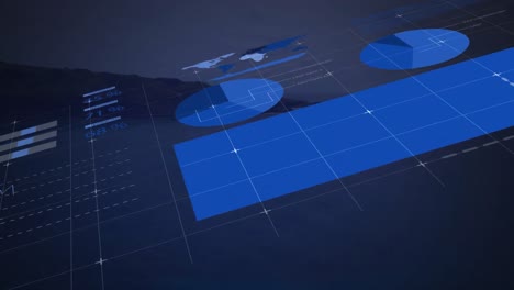 animation of statistical data processing against landscape with mountains and sea