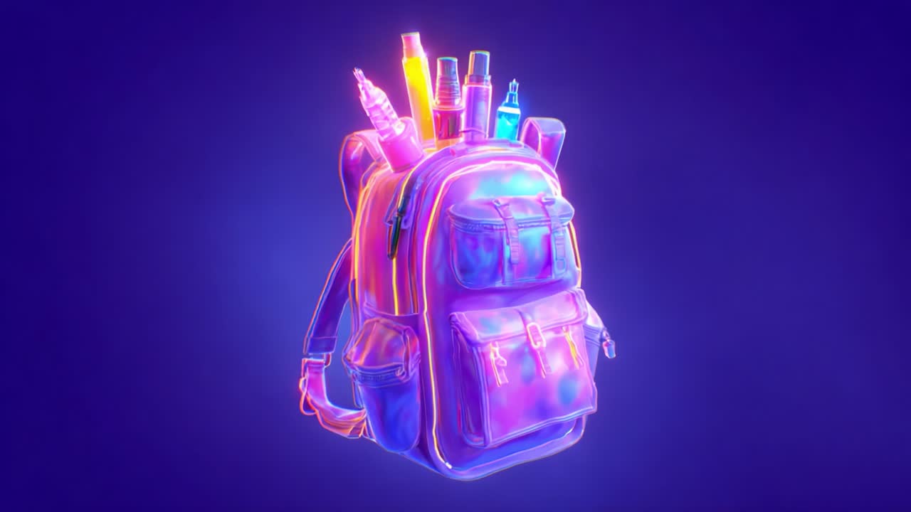 A Vibrant Neon Backpack Filled with Colorful Art Supplies and Tools Showcasing an Artistic Vibe Against a Lively Dark Background, Perfect for Creative Souls Ready to Explore and Create