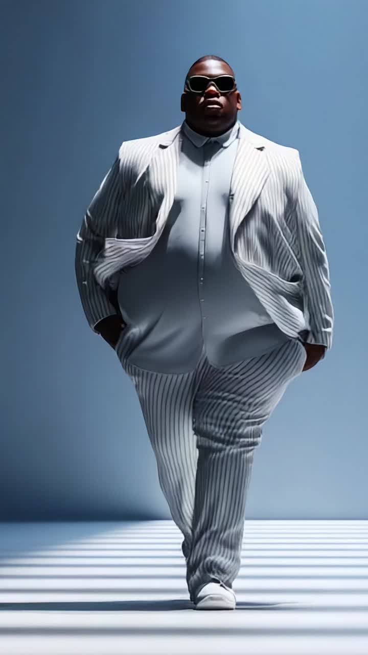 A confident individual strides purposefully in a striking striped suit, showcasing a powerful presence and a bold fashion statement against an artistic backdrop