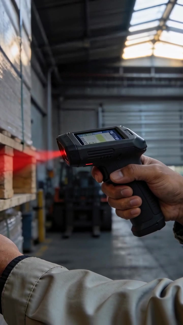 Vertical video: Scanning hand pressing, moving scanner laser across pallets in warehouse for stock