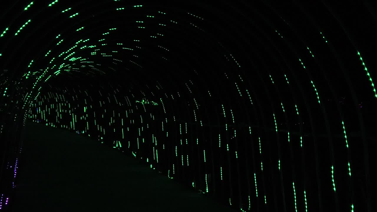 LED Lighting Festival In the Park Walking Through LED Tunnel – Slow Mo
