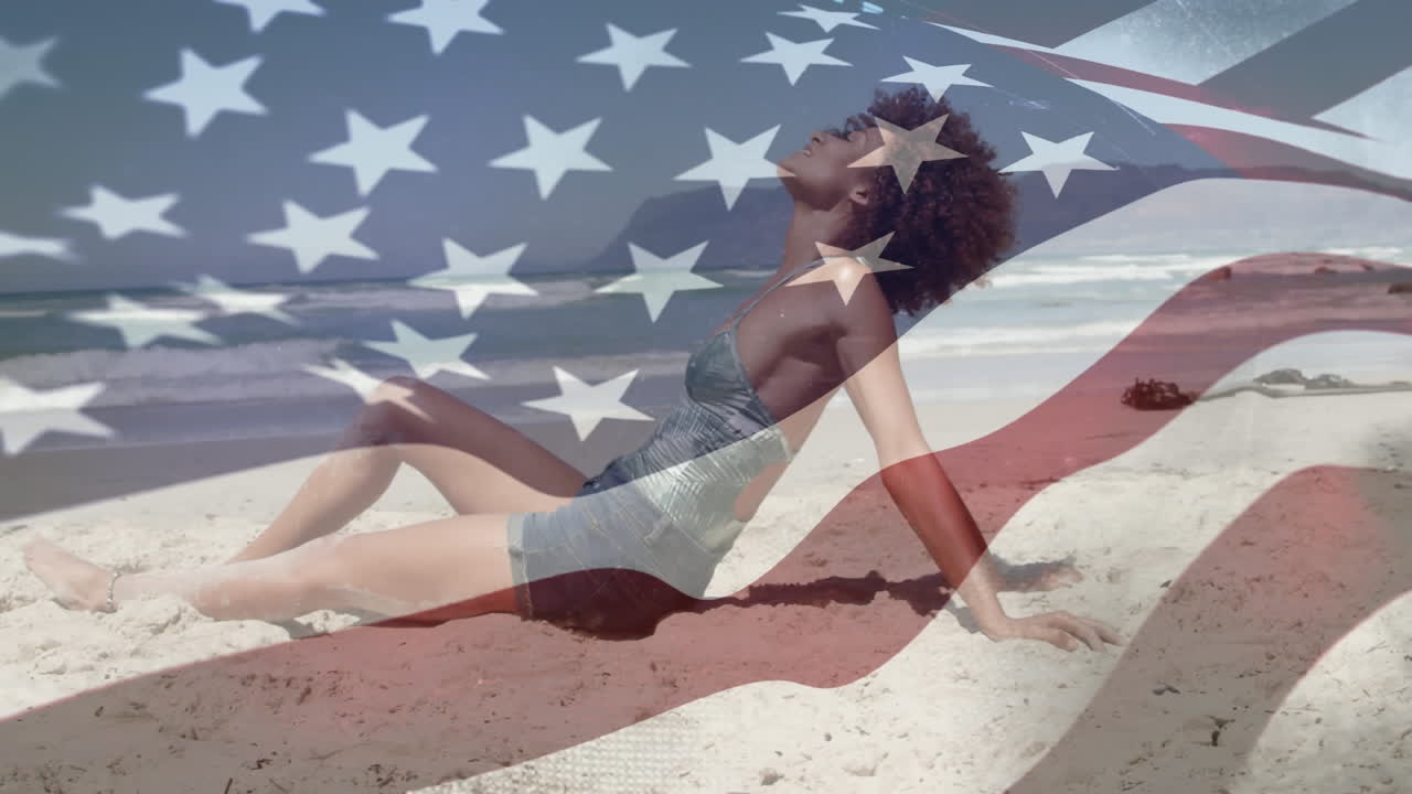 우리와 함께 해변에서 발을 흔들고 있는 젊은 남녀