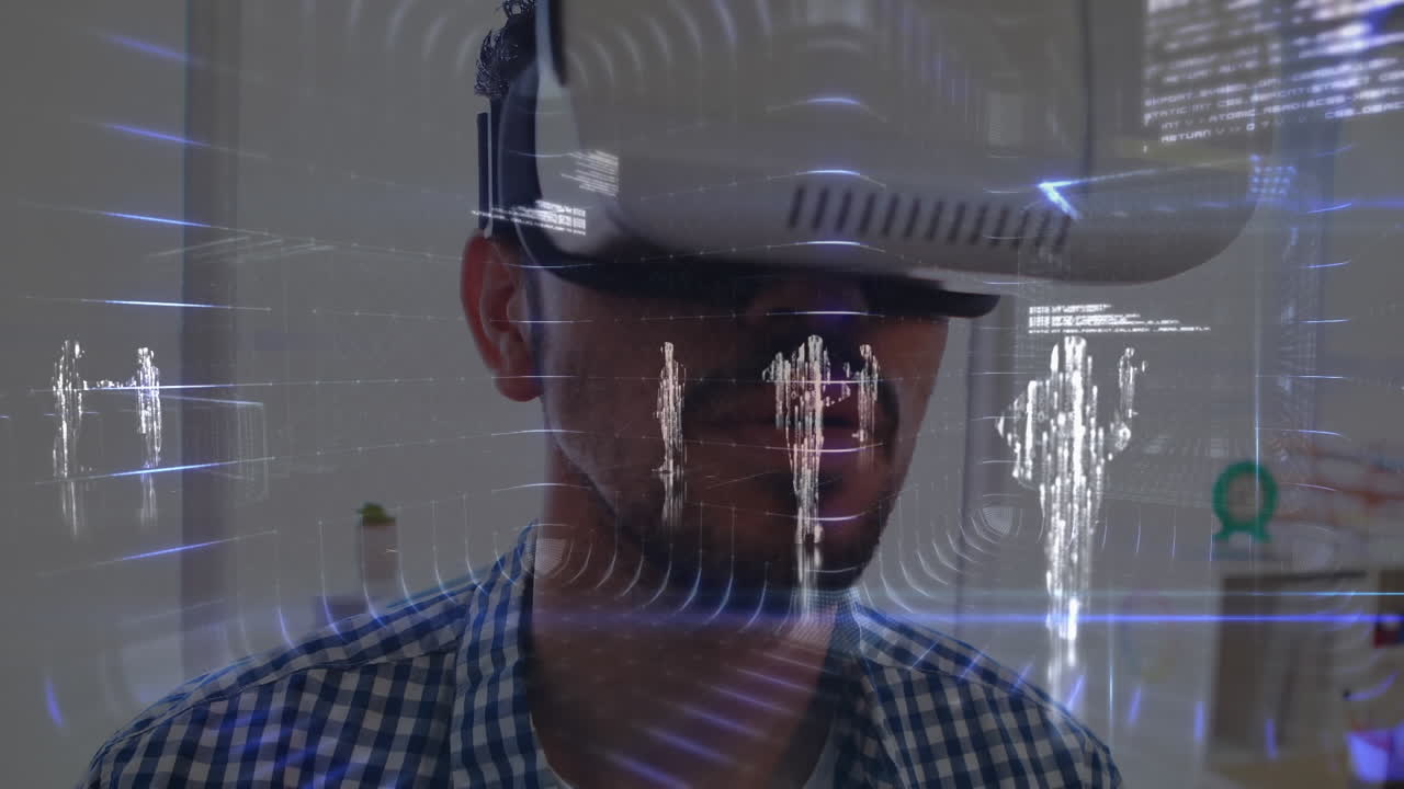 hombre con auriculares de realidad virtual con datos