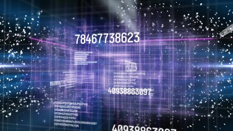 Animation of changing numbers, white particles and connecting light trails on black background