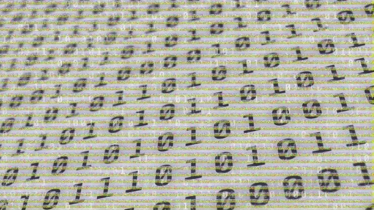 Digital animation of binary coding digital data processing against static effect background