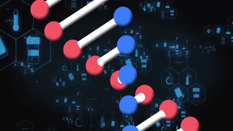 Animation-of-medical-icons-and-dna-strand-on-black-background