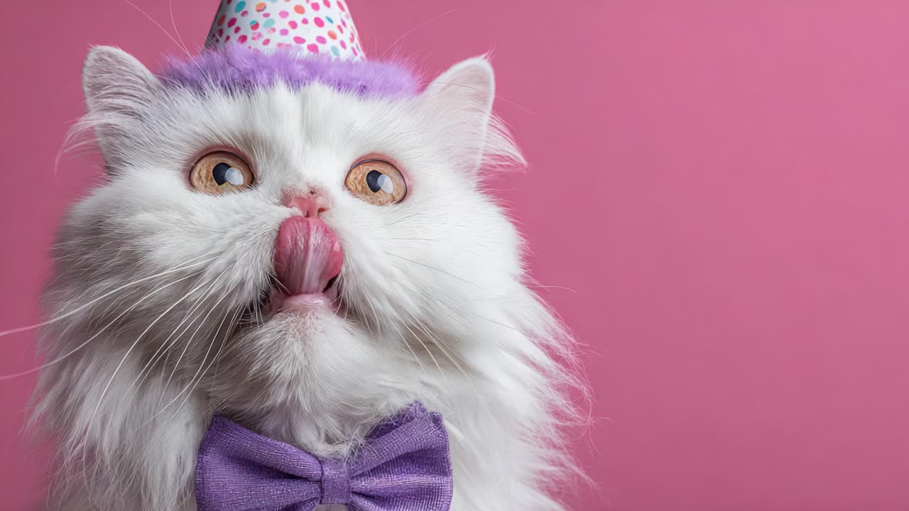 Seekor Kucing Putih Meriah dengan Topi Pesta Warna-Warni Menikmati Perayaan Spesial dengan Dasi Kupu-Kupu Menawan dan Ekspresi Ceria di Atas Latar Belakang Merah Muda Lembut