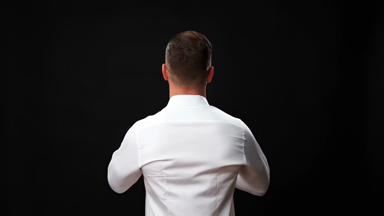 White Man Putting On Shirt, Studio. Back View Shows Collar Adjustment And Shoulder Movement, Crisp White Shirt