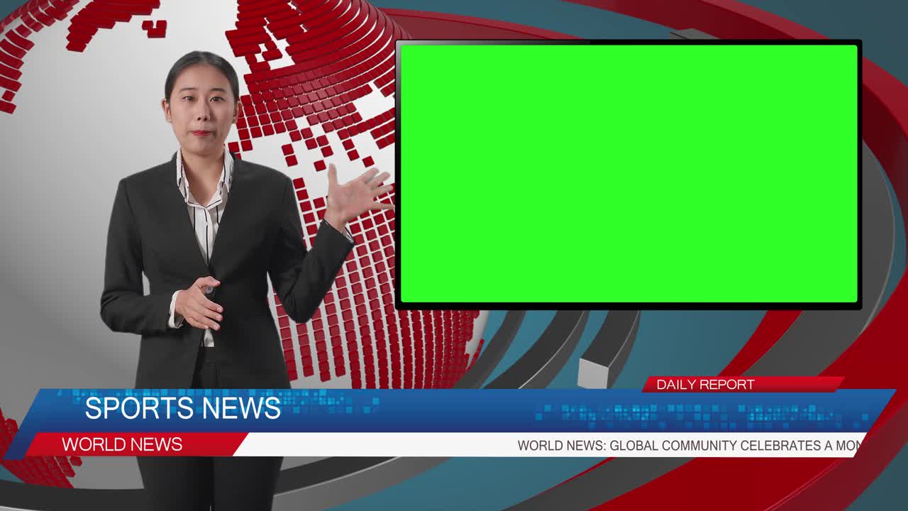 Live News Studio With Asian Professional Female Anchor And Green Screen Television Pointing To Side While Reporting On The Events Of The Day