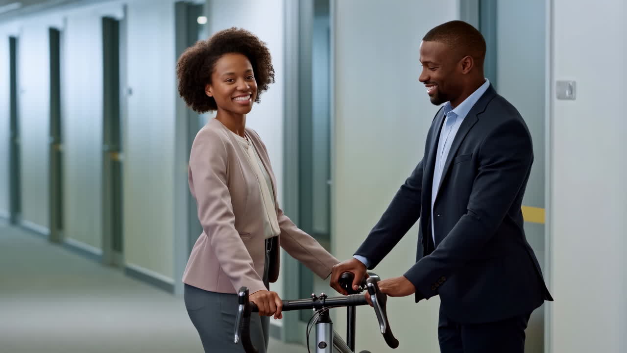 Happy Business Colleagues Talking in Office Hallway with Bicycle