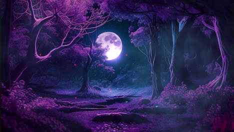Animation-of-mythical-fantasy-forest-at-night,-digitally-generated-dark-environment-with-moonlight,-trees,-insects-and-trees