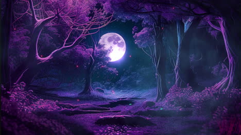 animation of mythical fantasy forest at night, digitally generated dark environment with moonlight, trees, insects and trees