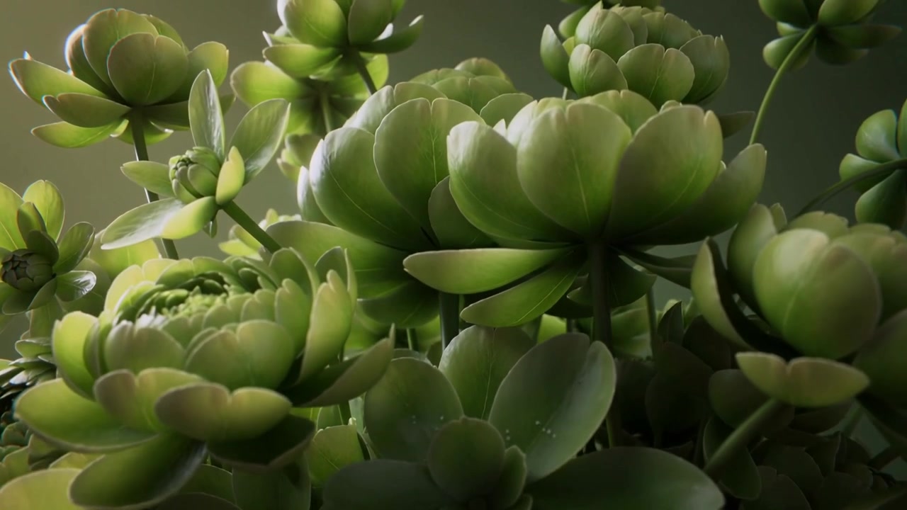 Panning camera revealing clustered green rosette plants in studio, showing leaf curves and dew