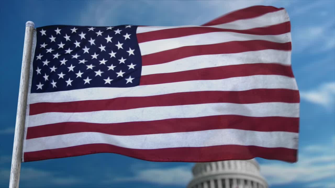 Animazione CGI 3D completamente in loop della bandiera degli Stati Uniti d'America, USA, che sventola in primo piano.