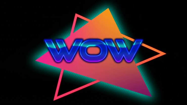 Animazione del testo 'wow' su forme al neon su sfondo nero