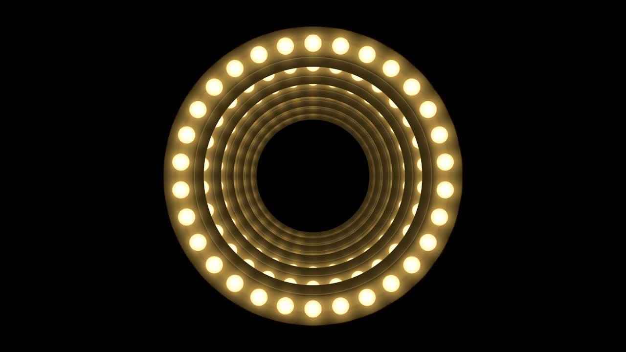 caja de bombilla incandescente de túnel forma de círculo patrón móvil, estilo retro 3d ilustración de estilo virtual brillo en fondo oscuro animación de bucle sin costuras 4k, con espacio de copia