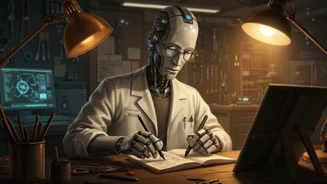a robotic scientist in a workshop diligently working on sketches, showcasing advanced technology and creativity, surrounded by tools and a productive environment