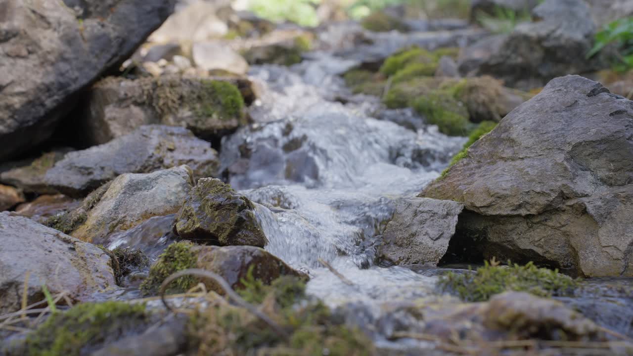 Clear mountain stream flows over moss-covered stones. Water splashes and sparkles with natural light. Rocks form natural channels guiding the current. Tranquil forest scene evokes calmness