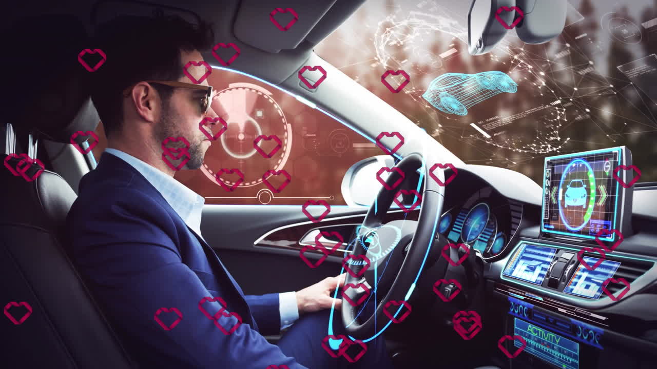 In car, man using digital interface with heart icons on dashboard animation