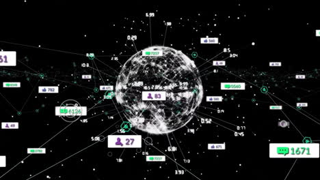 Animation-Von-Mediensymbolen-Und-Globus-Auf-Schwarzem-Hintergrund