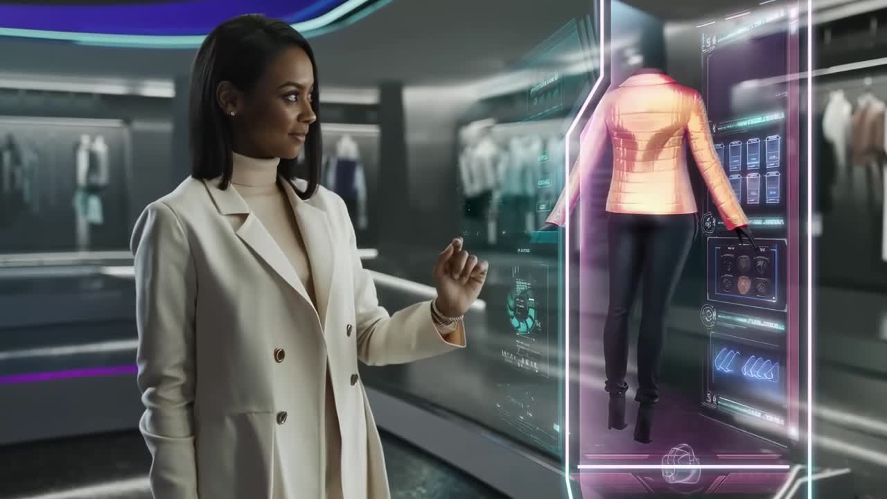 Futuristic shopping video with a side angle of a woman interacting with a virtual display