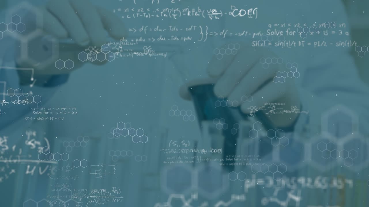 Animation of mathematical equations over caucasian female scientist