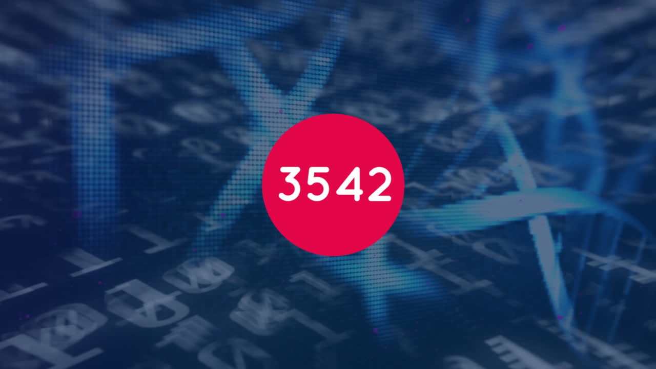 dna 구조와 바이너리 코딩 데이터 처리에 대한 빨간 원형 배너를 통해 증가하는 숫자