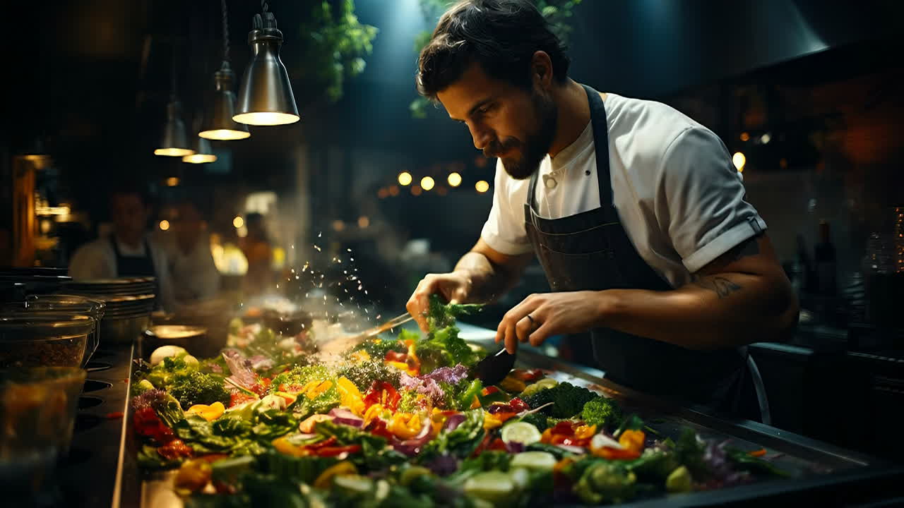 Lo chef prepara un'insalata fresca in cucina. Lo chef mescola diverse verdure su una superficie ampia in una cucina affollata durante il servizio della cena.